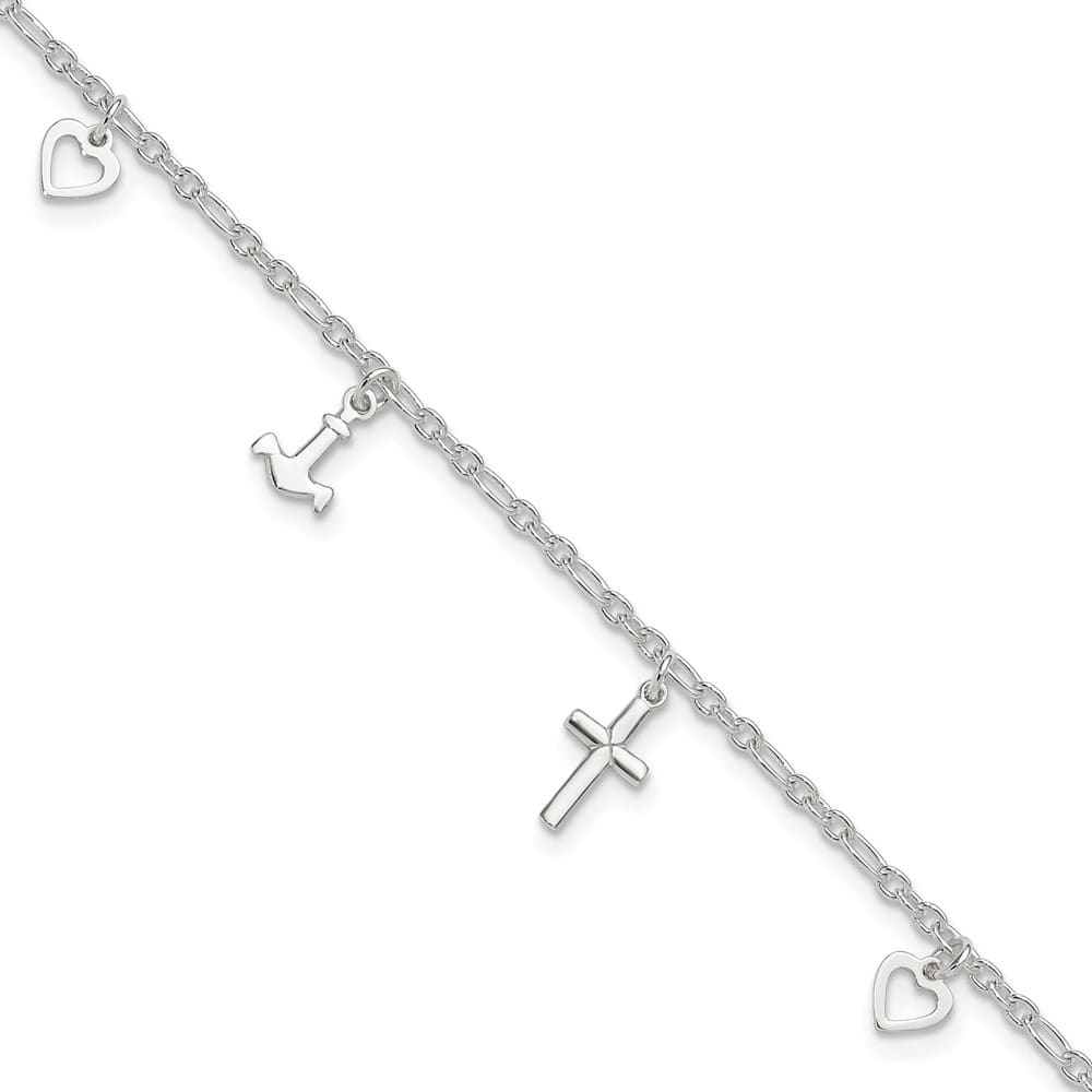 Sterling Silver Cross/Heart/Anchor Anklet — .925 sterling silver, 10 inches long, 1 inch extension, 2 mm wide, lobster clasp, 3.87 g