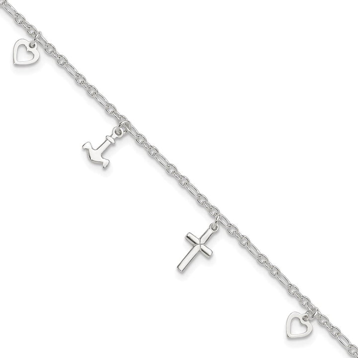 Sterling Silver Cross/Heart/Anchor Anklet — .925 sterling silver, 10 inches long, 1 inch extension, 2 mm wide, lobster clasp, 3.87 g