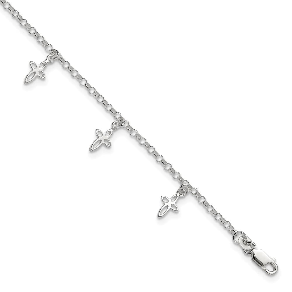 Sterling Silver Cross on Rolo Link Anklet — .925 sterling silver, 9 inches long, 3 mm wide, lobster clasp, 2.92 g
