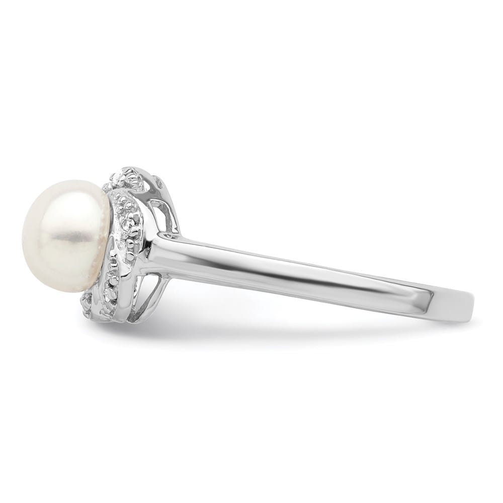 Sterling Silver Cultured Button Pearl Diamond 6.0-6.5 mm Ring