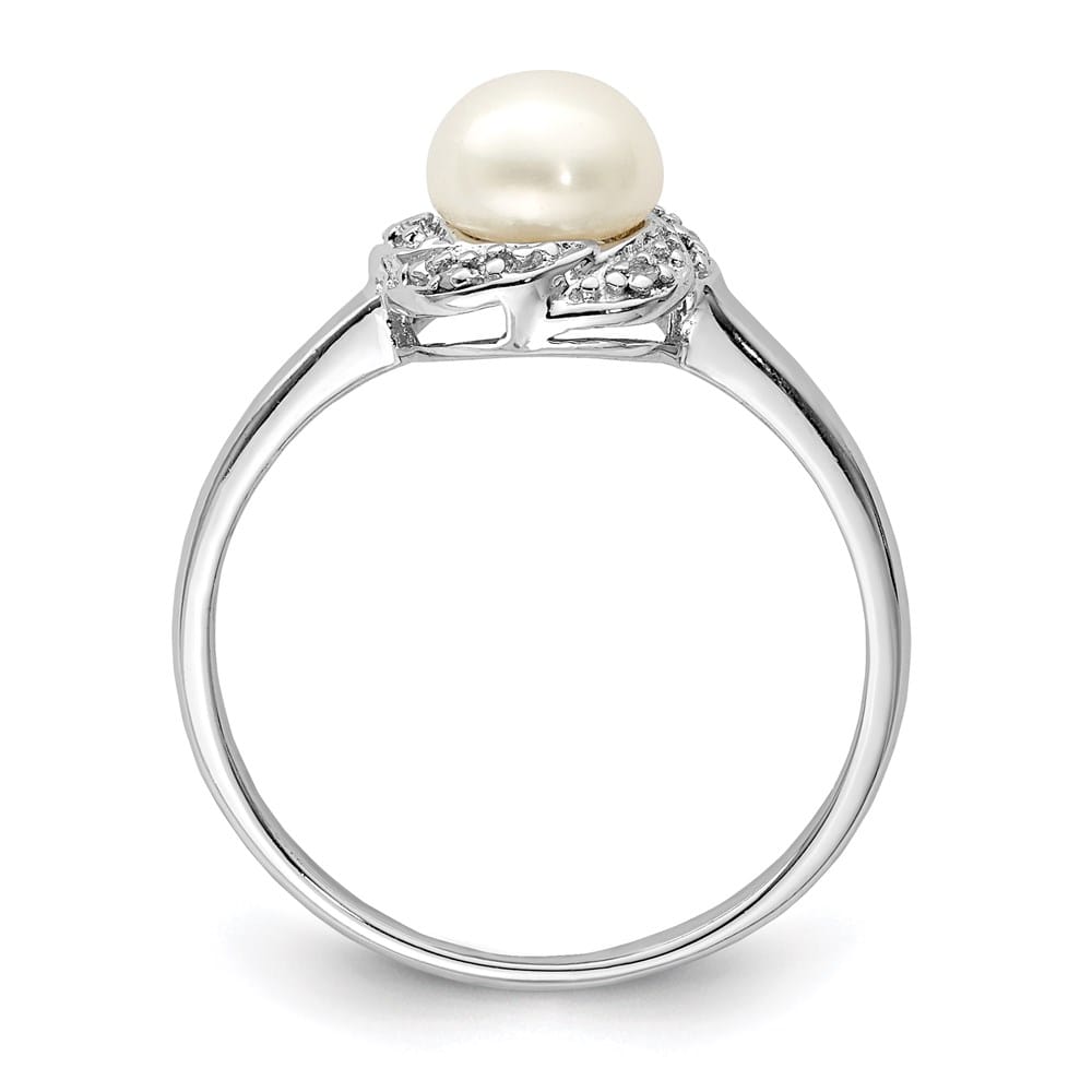 Sterling Silver Cultured Button Pearl Diamond 6.0-6.5 mm Ring