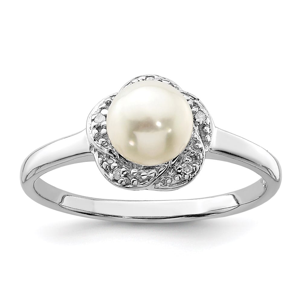 Sterling Silver Cultured Button Pearl Diamond 6.0-6.5 mm Ring