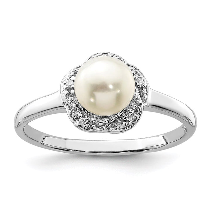 Sterling Silver Cultured Button Pearl Diamond 6.0-6.5 mm Ring