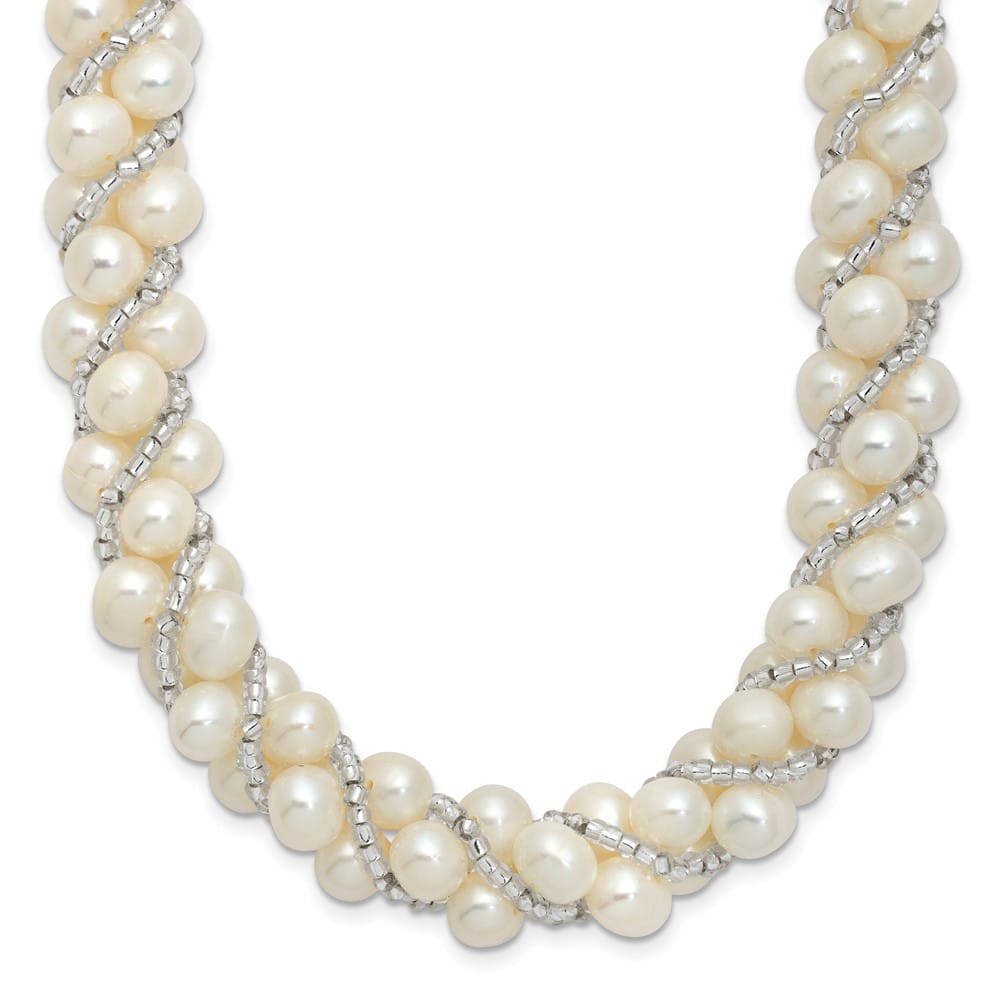 Sterling Silver Cultured Pearl and Glass Bead Twisted 18 inch Necklace