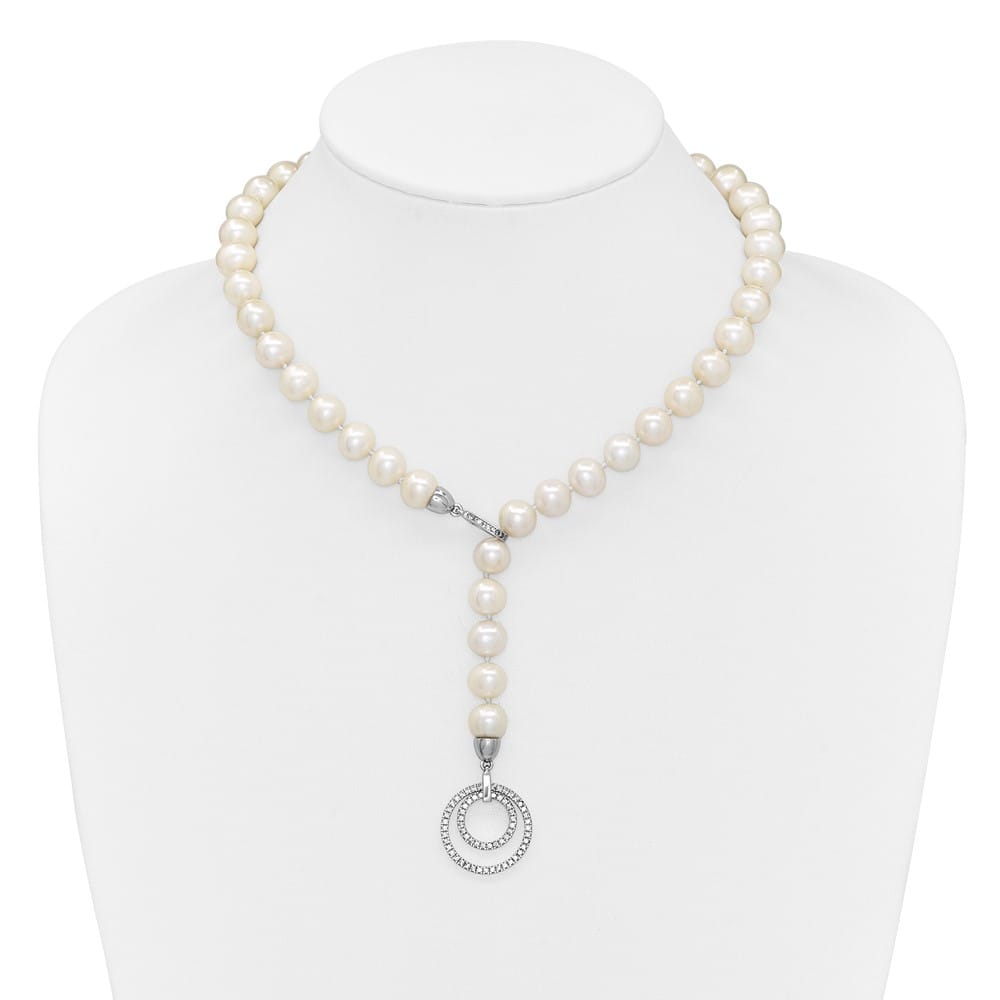 Sterling Silver Cultured Pearl CZ Clasp Adjustable 19.5 inch Necklace