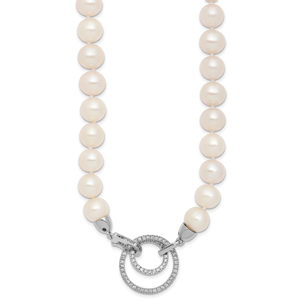 Sterling Silver Cultured Pearl CZ Clasp Adjustable 19.5 inch Necklace