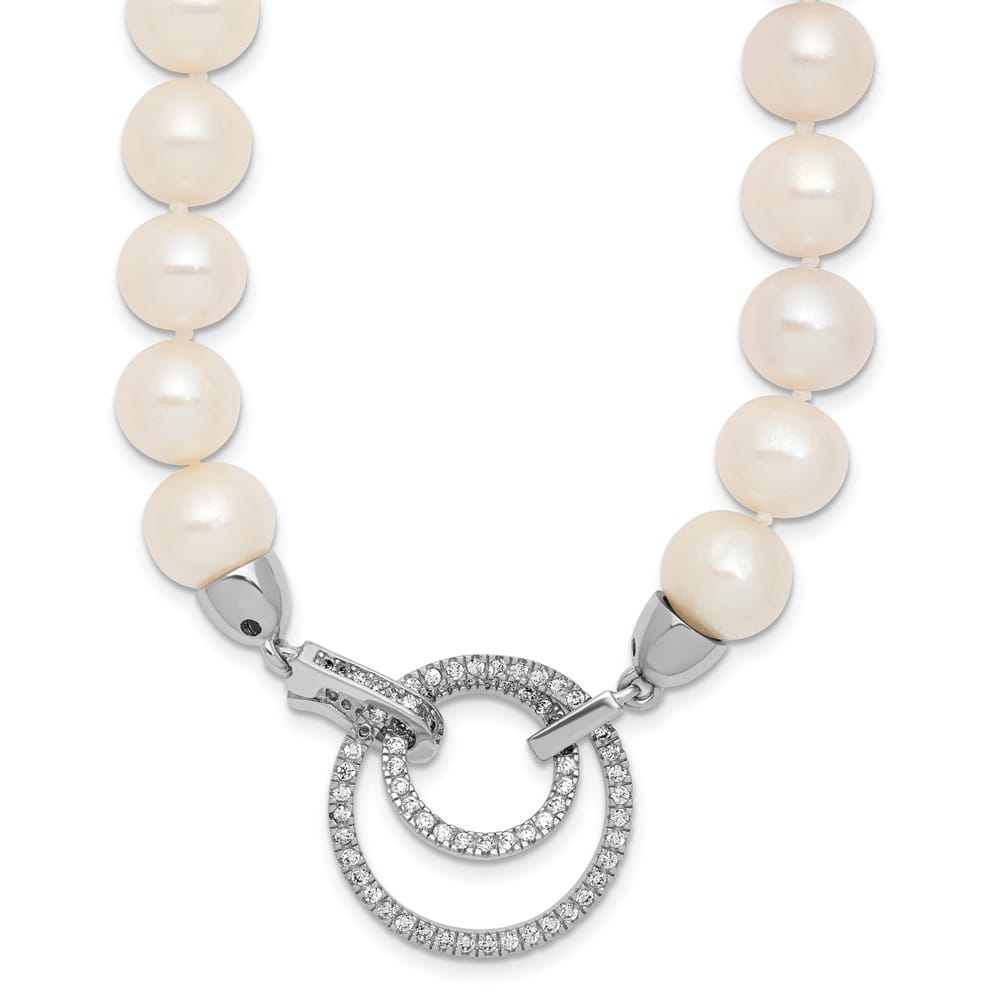 Sterling Silver Cultured Pearl CZ Clasp Adjustable 19.5 inch Necklace