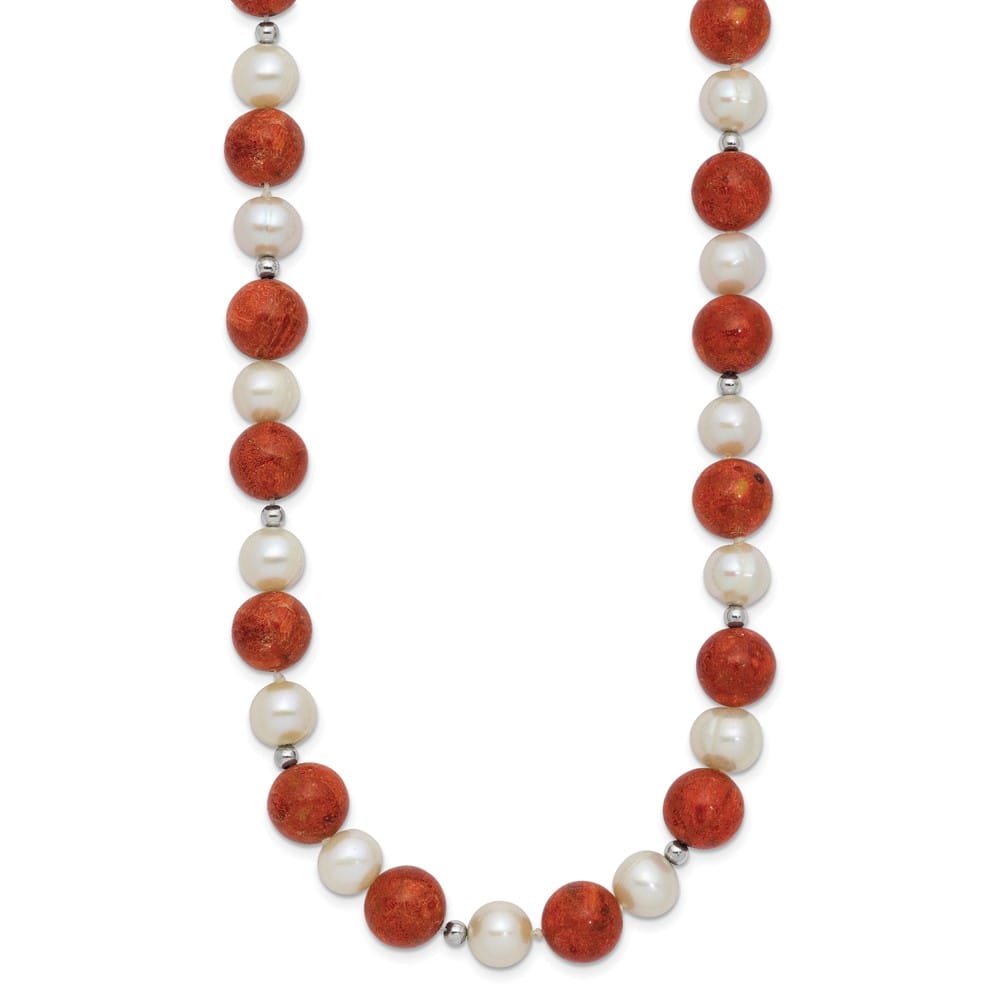 Sterling Silver Cultured Pearl Red Coral Beads 18 inch Necklace