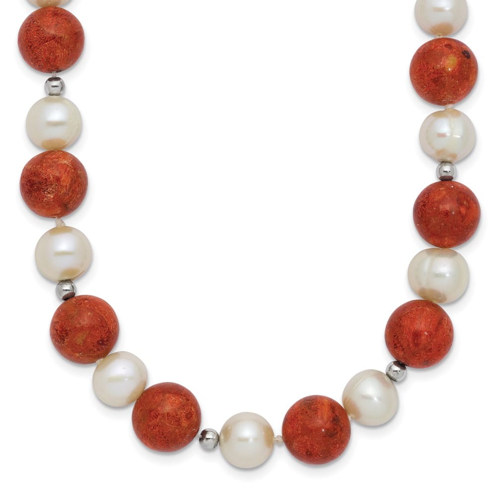 Sterling Silver Cultured Pearl Red Coral Beads 18 inch Necklace