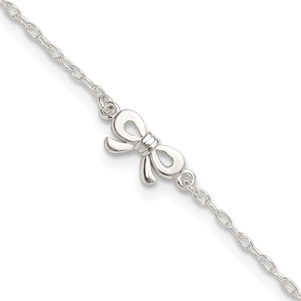 Sterling Silver CZ and Bow Anklet — .925 sterling silver, 10 inches long, 1 inch extension, 1.5 mm wide, spring ring clasp, 1.77 g