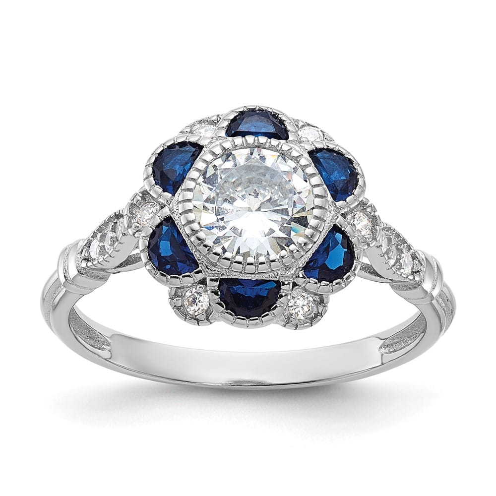 Sterling Silver CZ and Lab Created Blue Sapphire Flower Ring