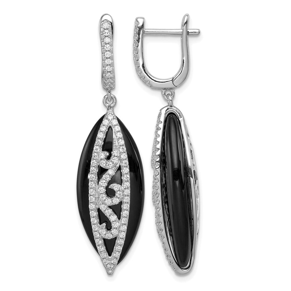 Sterling Silver CZ and Onyx Hinged Hoop Earrings