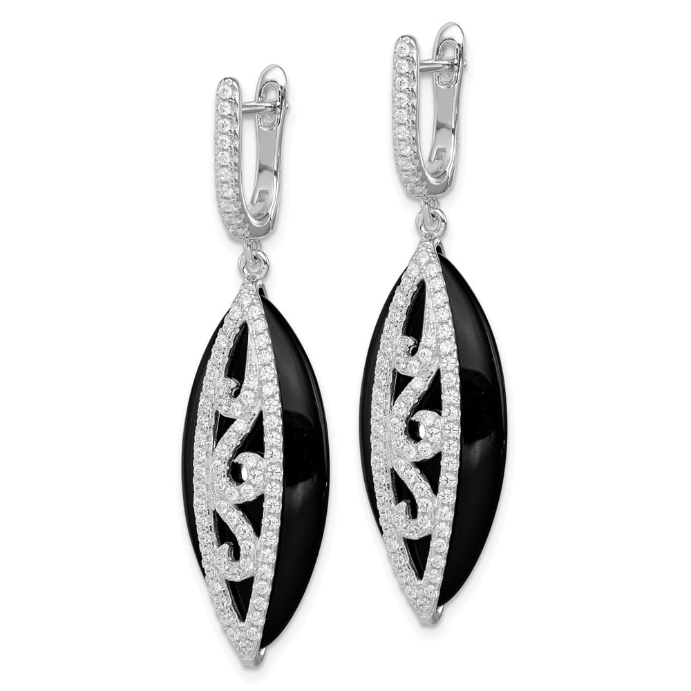 Sterling Silver CZ and Onyx Hinged Hoop Earrings