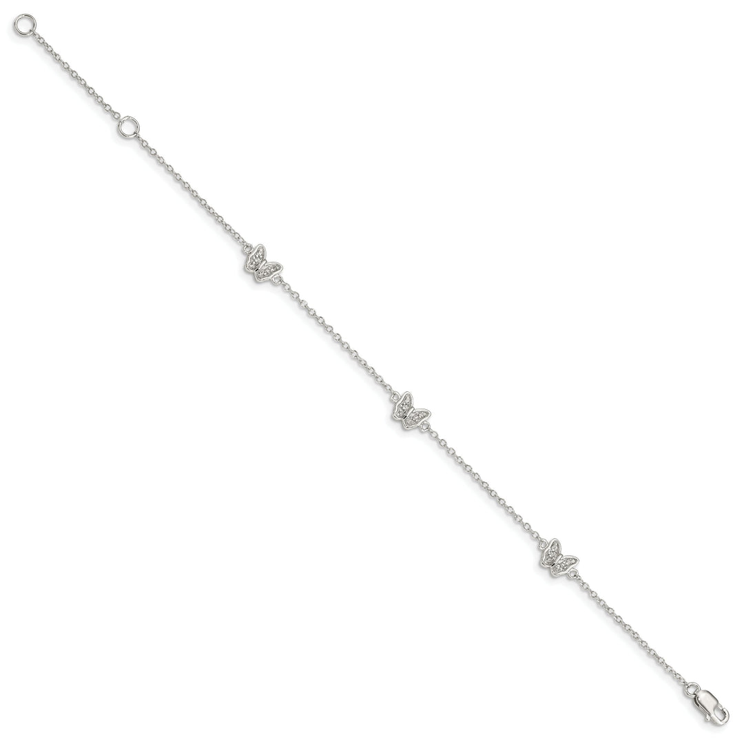 Sterling Silver CZ Butterflies 6 inch Bracelet with 1 inch extension