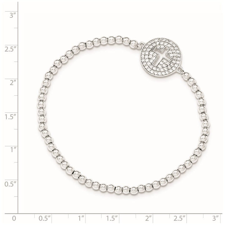 Sterling Silver CZ Cross Polished Beaded Stretch Bracelet
