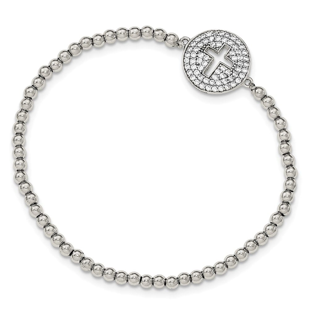 Sterling Silver CZ Cross Polished Beaded Stretch Bracelet