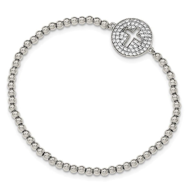 Sterling Silver CZ Cross Polished Beaded Stretch Bracelet