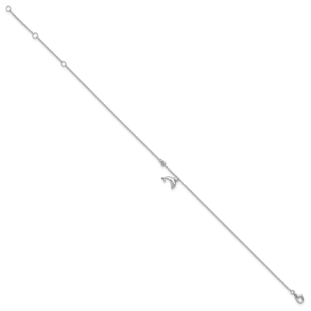 Sterling Silver CZ Dolphin 9 inch Plus 2 inch Extender Anklet