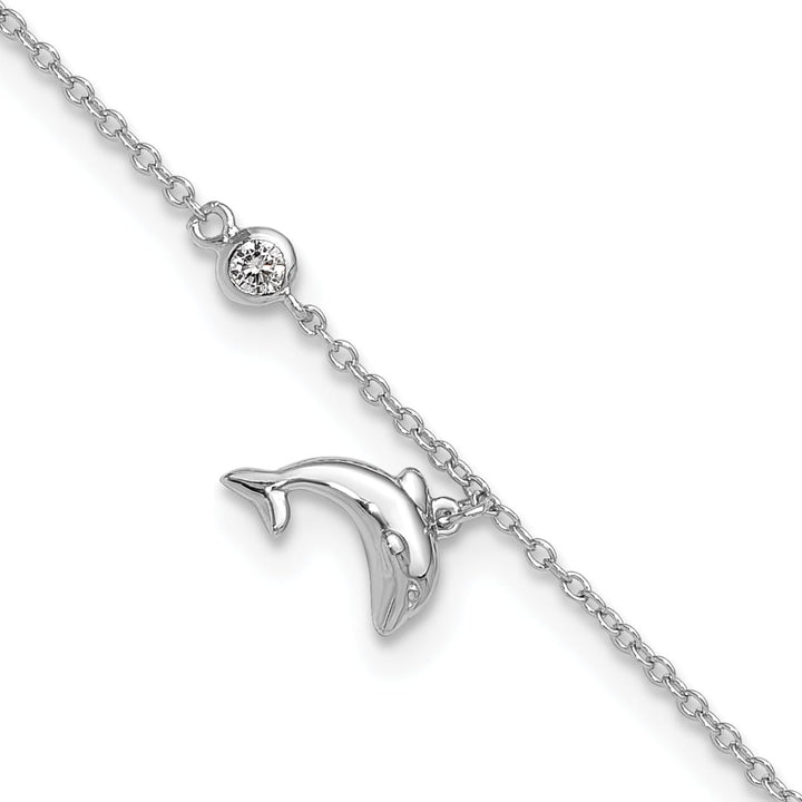 Sterling Silver CZ Dolphin 9 inch Plus 2 inch Extender Anklet