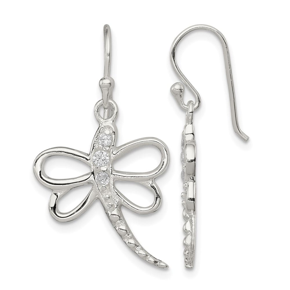Sterling Silver CZ Dragonfly Shepherd Hook Earrings, view 1 of 4