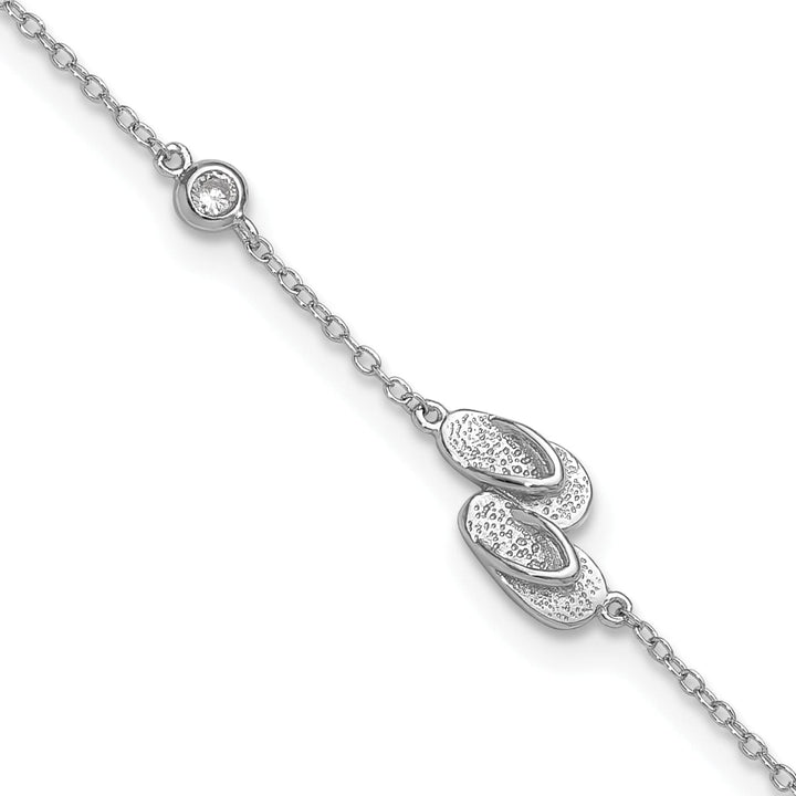 Sterling Silver CZ Flip Flops 9 inch Plus 2 inch Extender Anklet