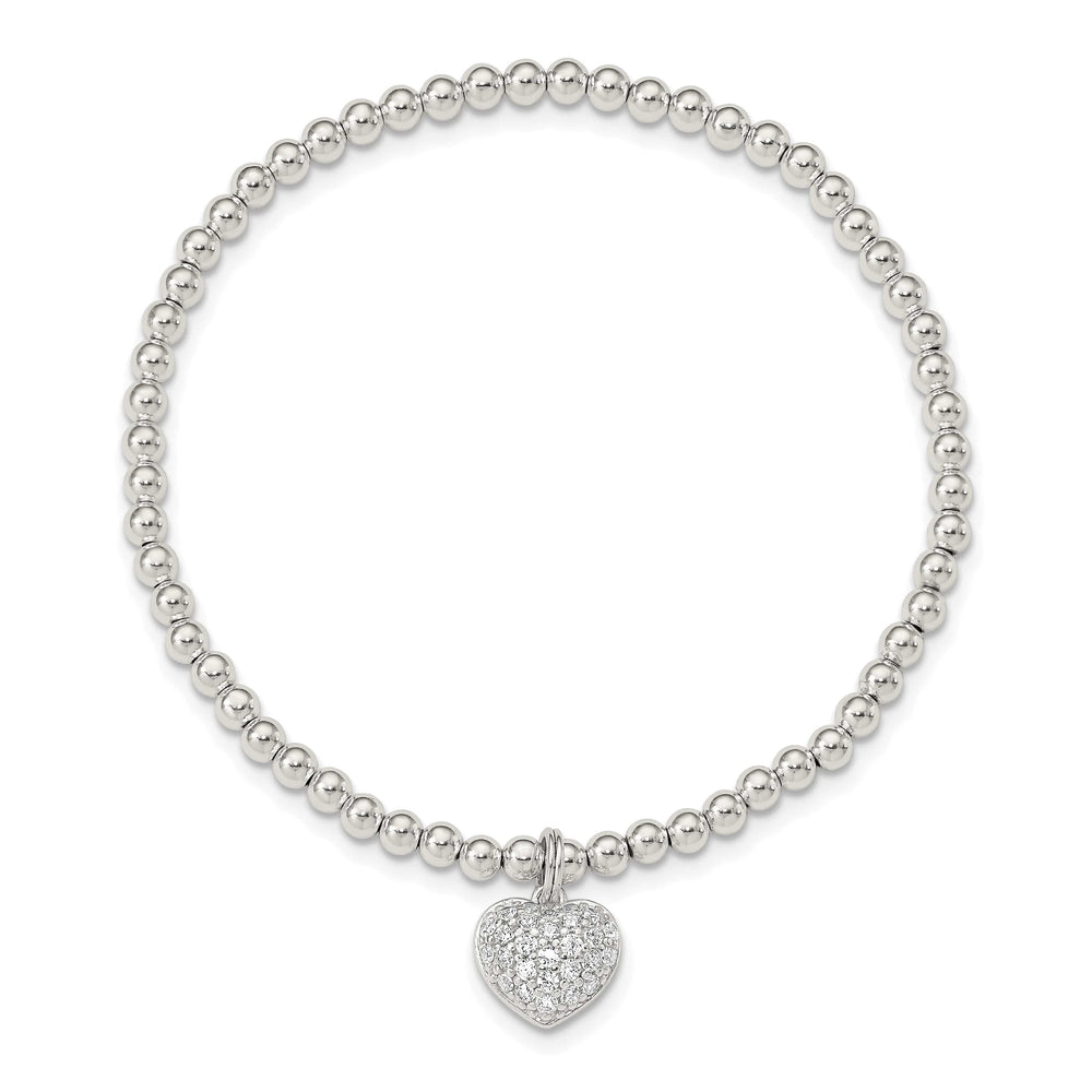 Sterling Silver CZ Heart Beaded Stretch Bracelet