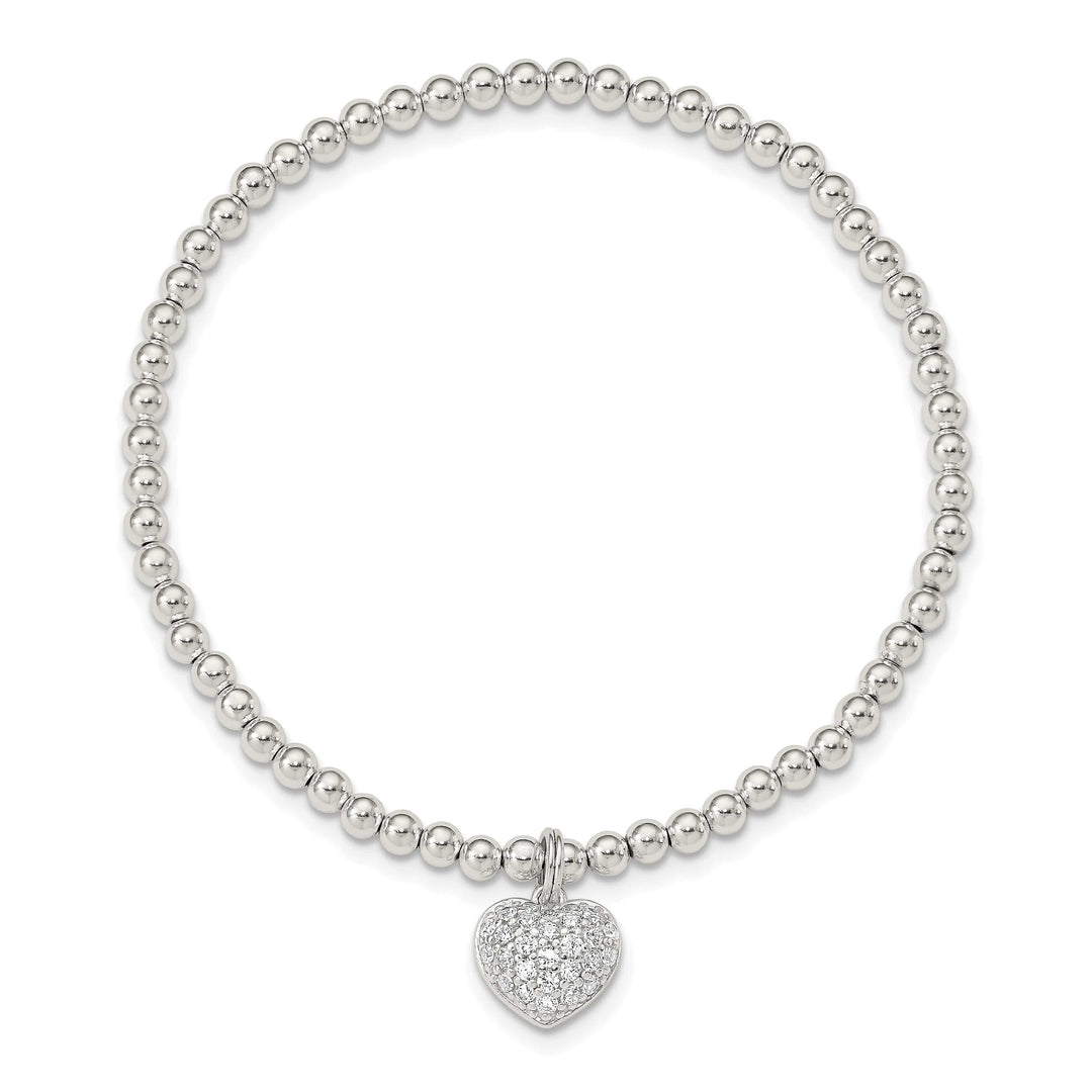Sterling Silver CZ Heart Beaded Stretch Bracelet