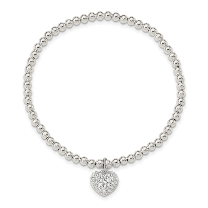 Sterling Silver CZ Heart Beaded Stretch Bracelet
