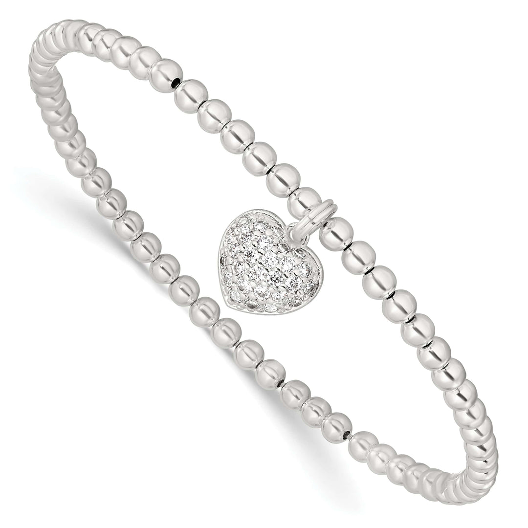 Sterling Silver CZ Heart Beaded Stretch Bracelet