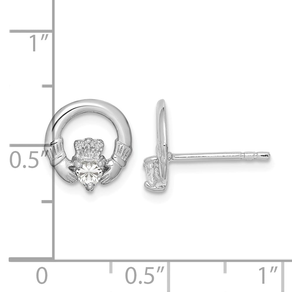 Sterling Silver CZ Heart Claddagh Post Earrings, view 4 of 4