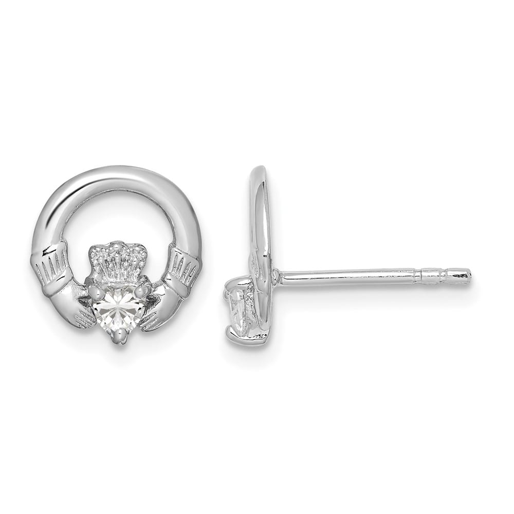 Sterling Silver CZ Heart Claddagh Post Earrings, view 1 of 4