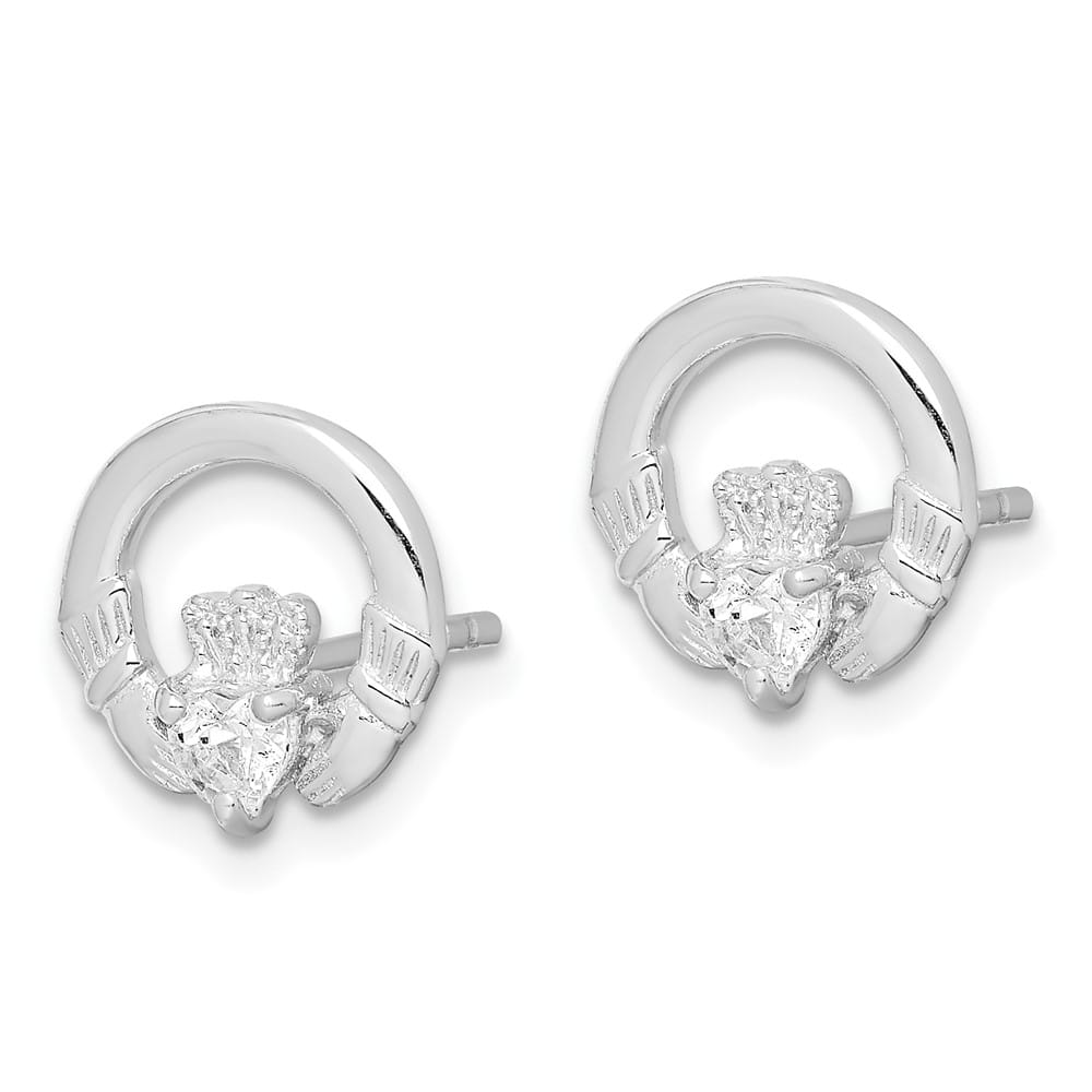 Sterling Silver CZ Heart Claddagh Post Earrings, view 2 of 4
