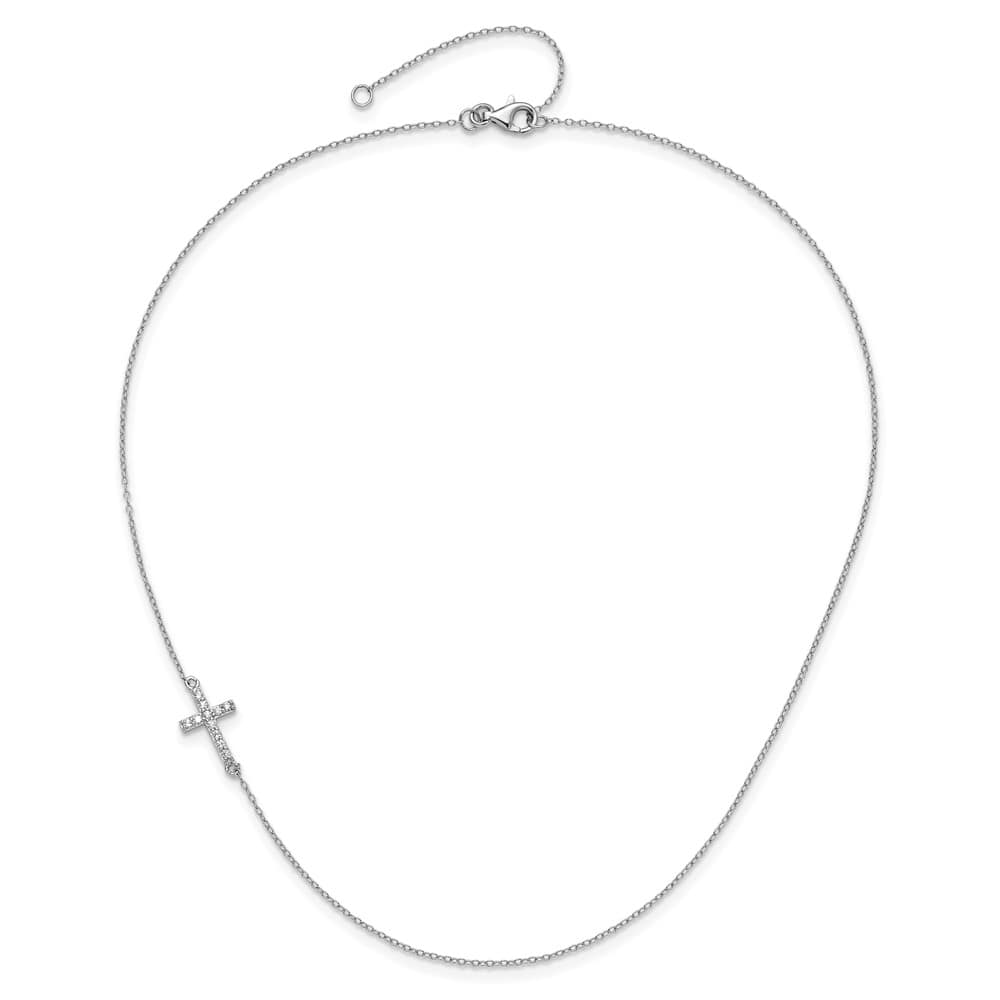 Sterling Silver CZ Offset Sideways Cross 18 inch Necklace