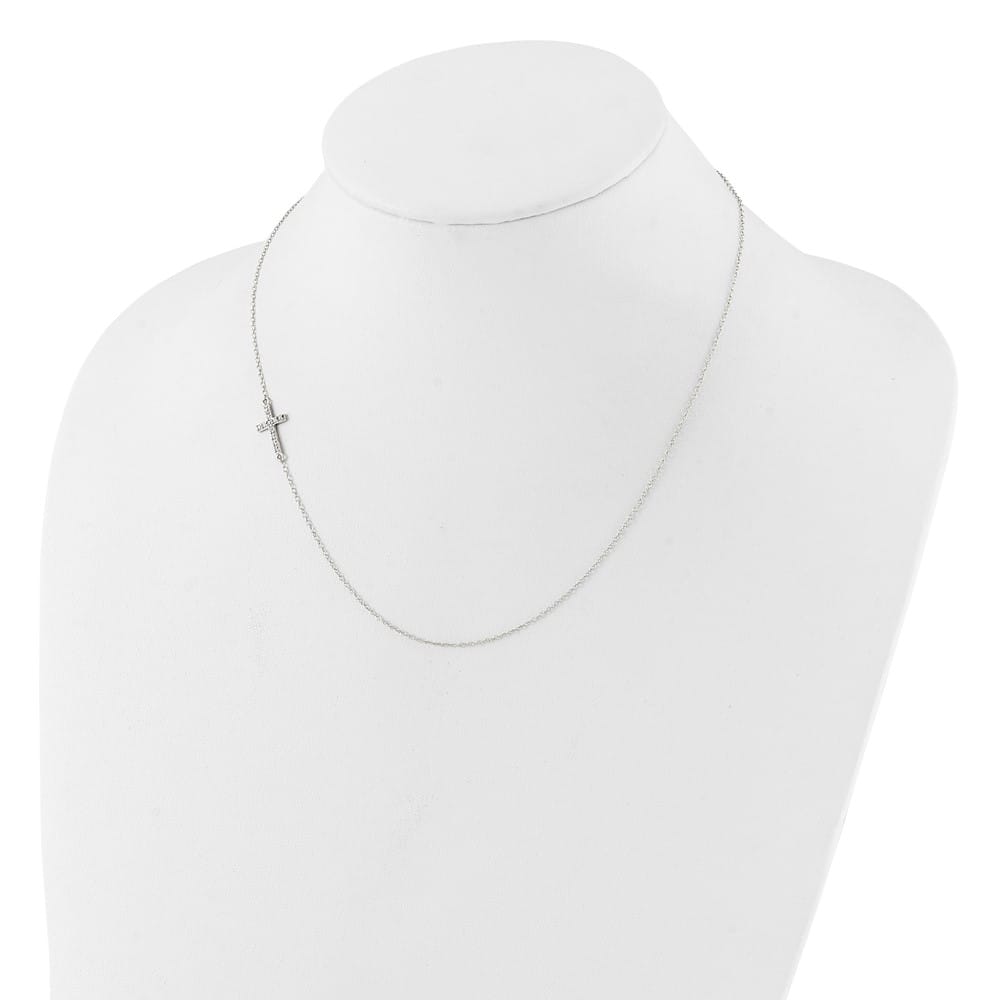 Sterling Silver CZ Offset Sideways Cross 18 inch Necklace