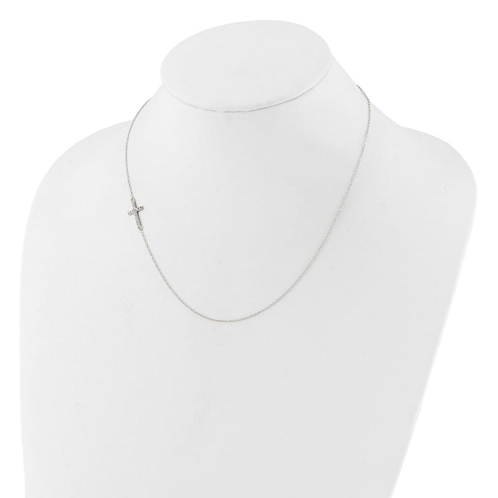 Sterling Silver CZ Offset Sideways Cross 18 inch Necklace