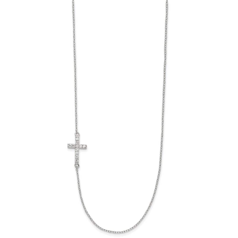 Sterling Silver CZ Offset Sideways Cross 18 inch Necklace