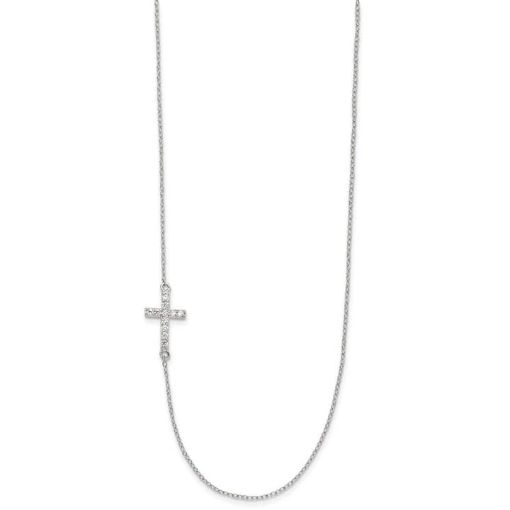 Sterling Silver CZ Offset Sideways Cross 18 inch Necklace