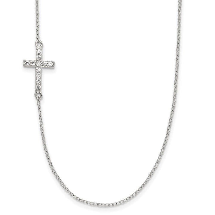 Sterling Silver CZ Offset Sideways Cross 18 inch Necklace