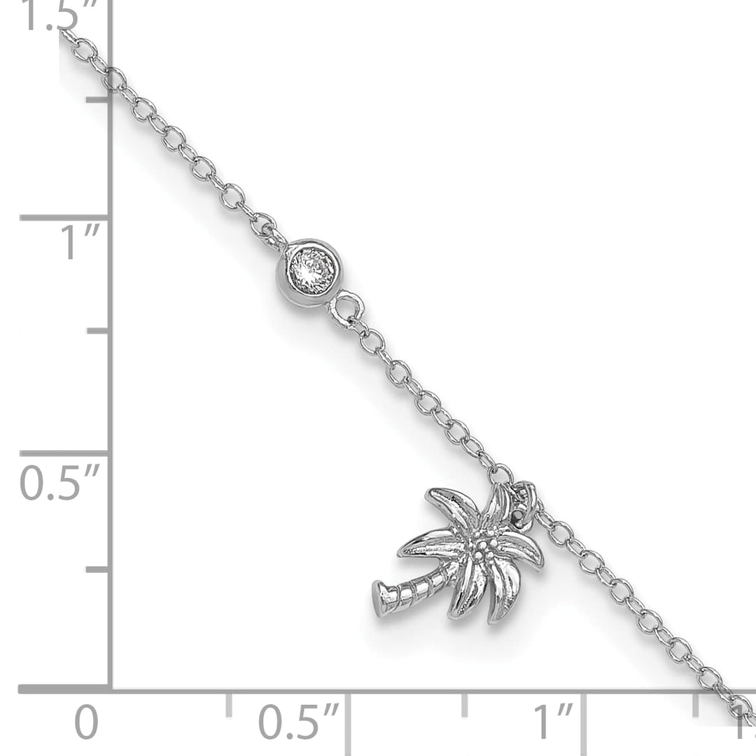 Sterling Silver CZ / Palm Tree 9 inch Plus 1 inch Extender Anklet
