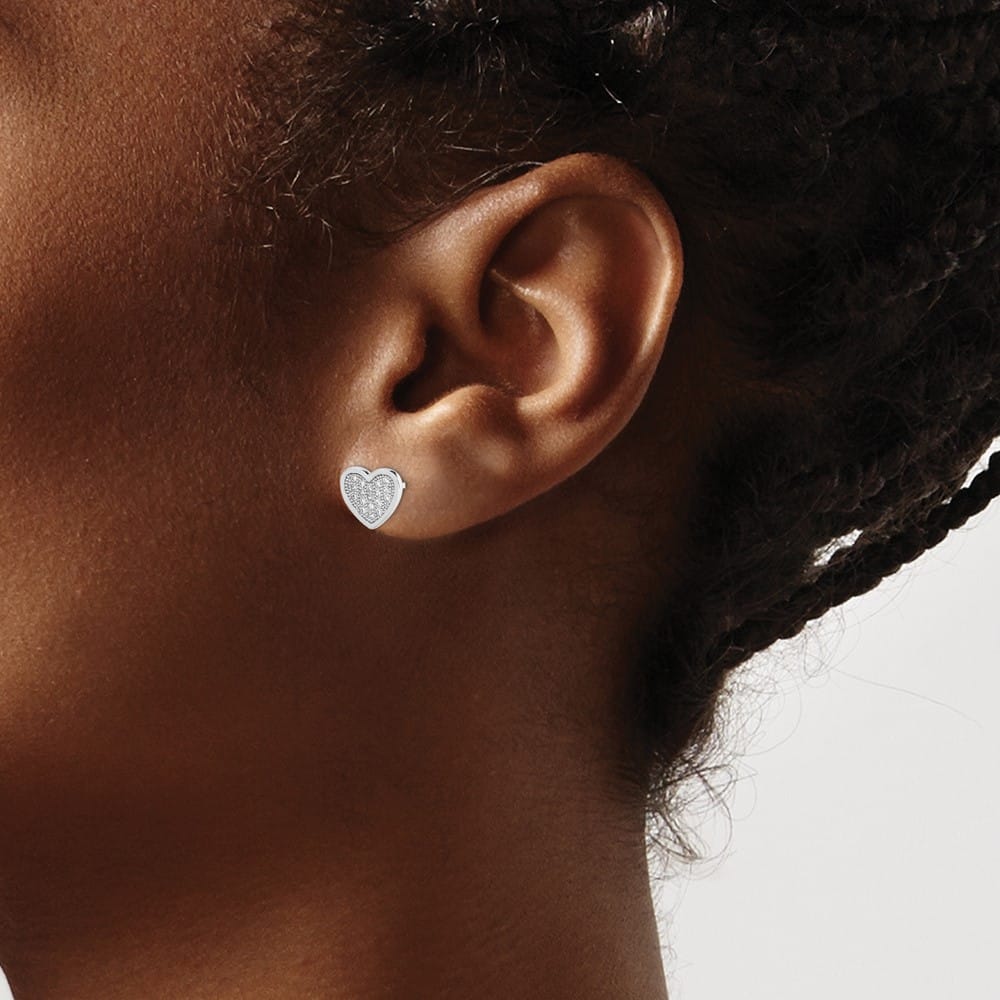 Sterling Silver CZ Pave Heart Post Earrings