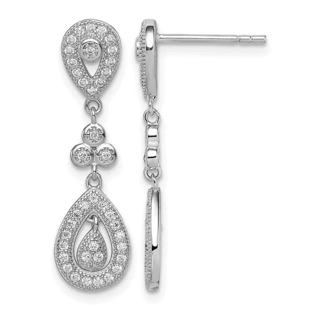 Sterling Silver CZ Pavé Pear Dangle Post 29 x 8 mm Earrings, view 1 of 4