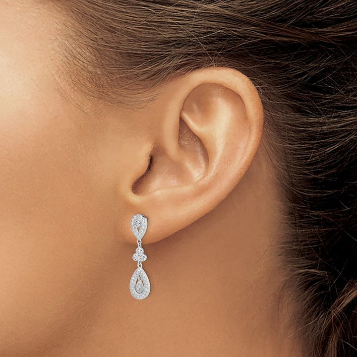Sterling Silver CZ Pavé Pear Dangle Post 29 x 8 mm Earrings, view 3 of 4