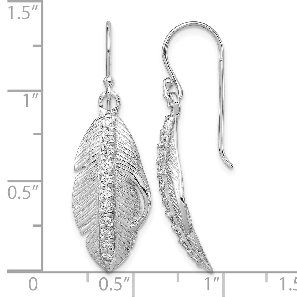 Sterling Silver CZ Textured Feather Shepherd Hook Earrings, view 4 of 4