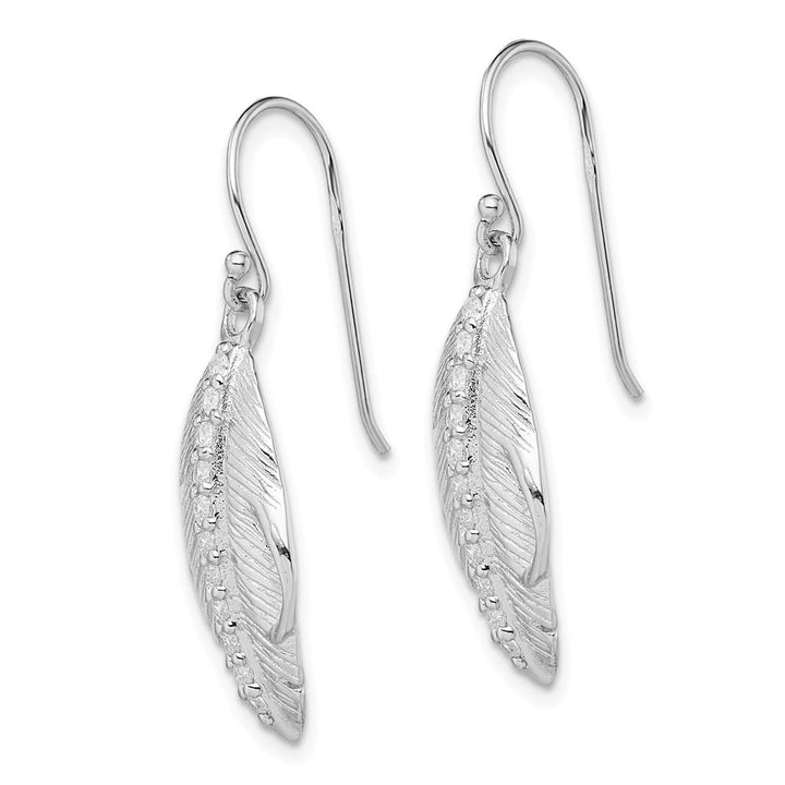 Sterling Silver CZ Textured Feather Shepherd Hook Earrings, view 2 of 4