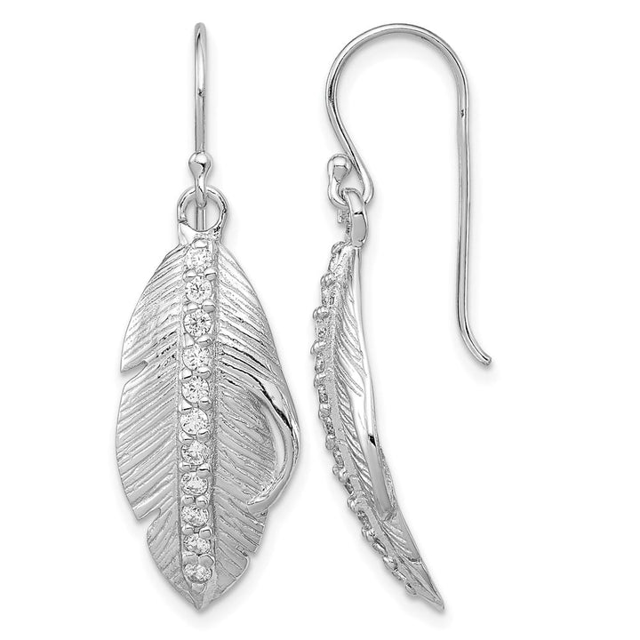 Sterling Silver CZ Textured Feather Shepherd Hook Earrings, view 1 of 4