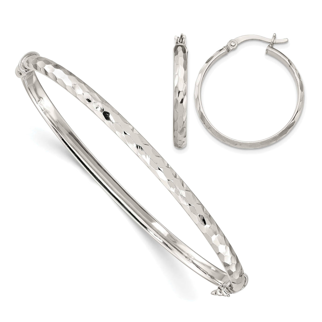 Sterling Silver D.C. 4mm Hinged Bangle and 3x25mm Hoop Earring Set