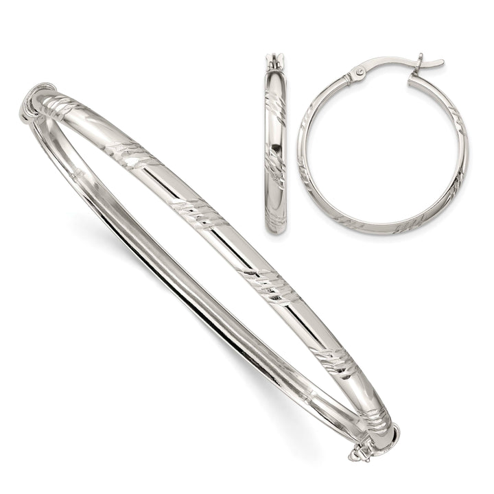 Sterling Silver D.C. 4mm Hinged Bangle and 3x25mm Hoop Earring Set