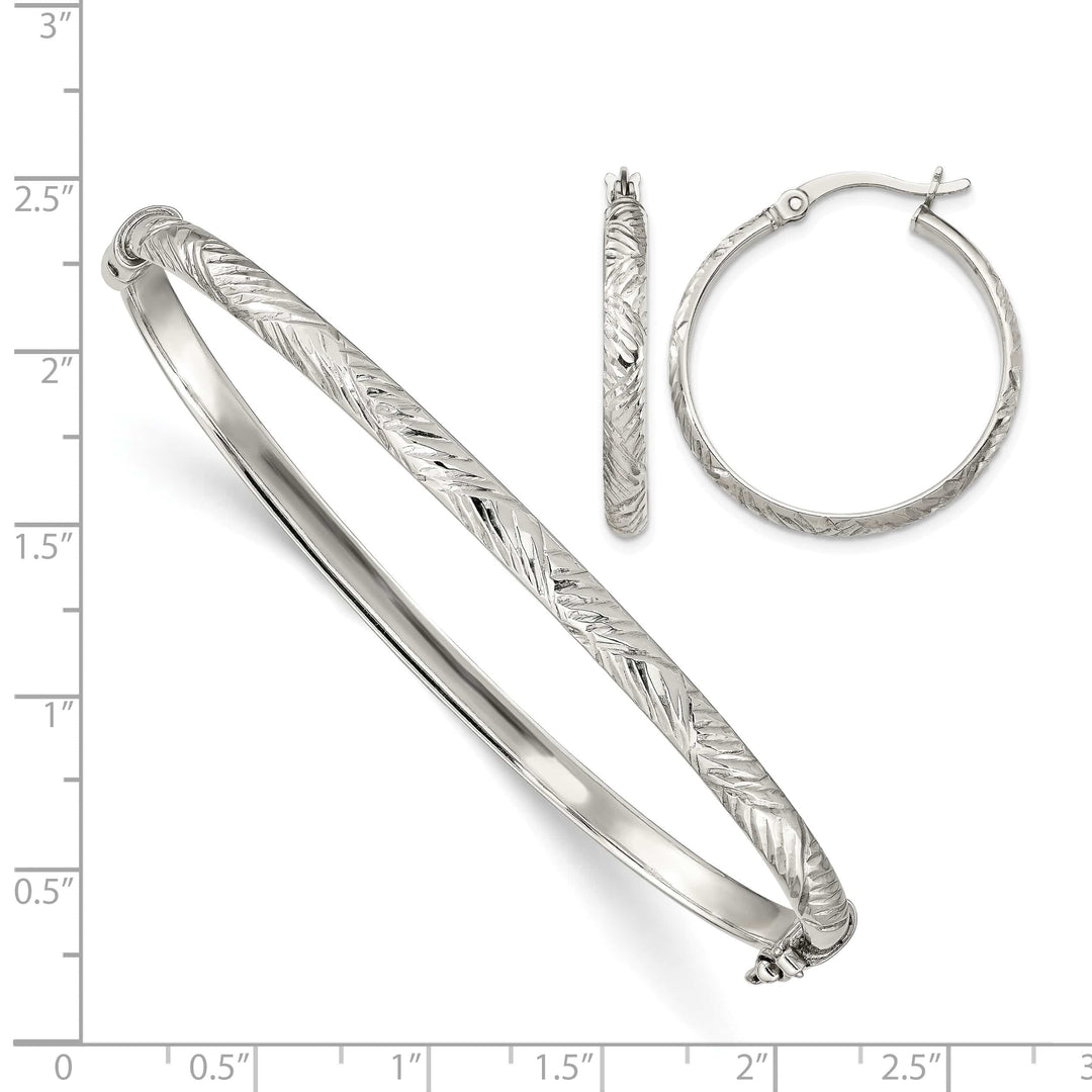 Sterling Silver D.C. 4mm Hinged Bangle and 3x25mm Hoop Earring Set