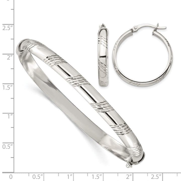 Sterling Silver D.C. 6mm Hinged Bangle and 4x25mm Hoop Earring Set