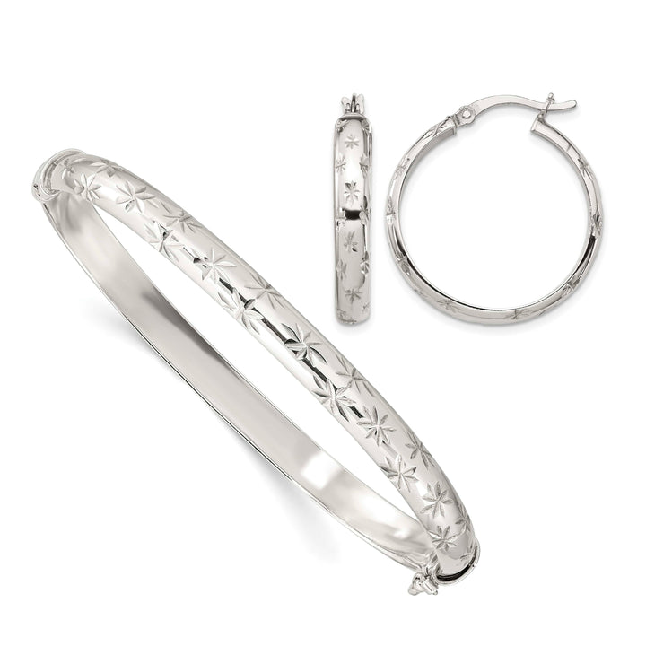Sterling Silver D.C. 6mm Hinged Bangle and 4x25mm Hoop Earring Set